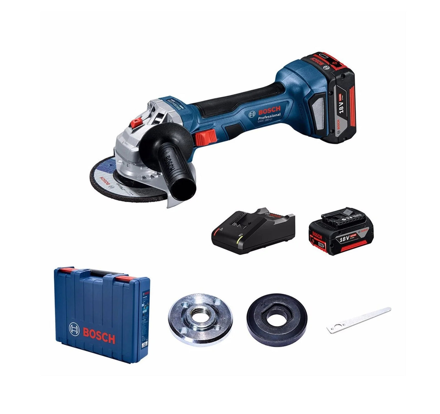 Bosch Professional | Cordless Angle Grinder GWS 180-LI + 2 x 4Ah Batteries + Charger